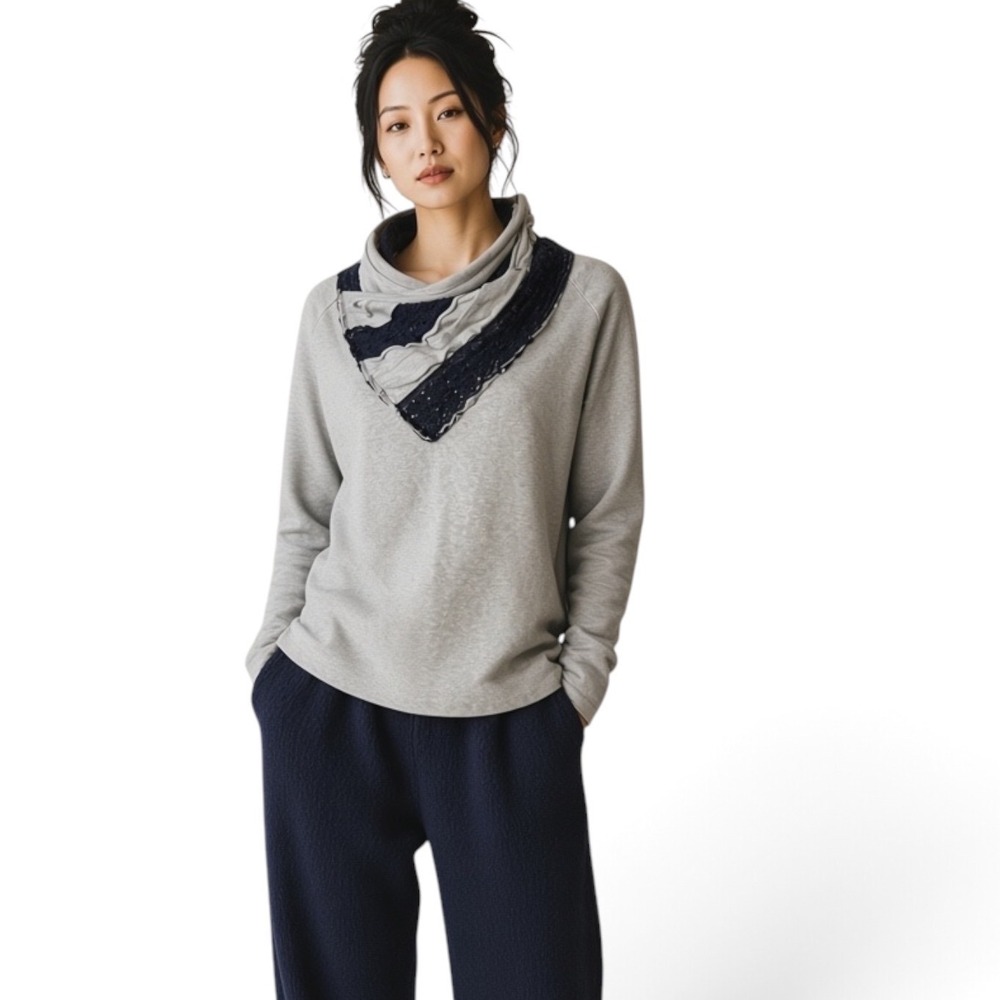 Kenar Gray Scarf Neck Sweater Navy Crochet Lace Draped Cowl Neck Old money Large